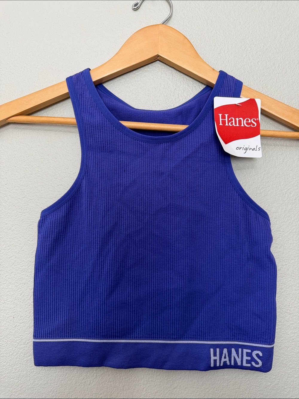 Hanes Vibrant Purple Ribbed Crop Tank with Branded Hem Medium Yoga Running Gym